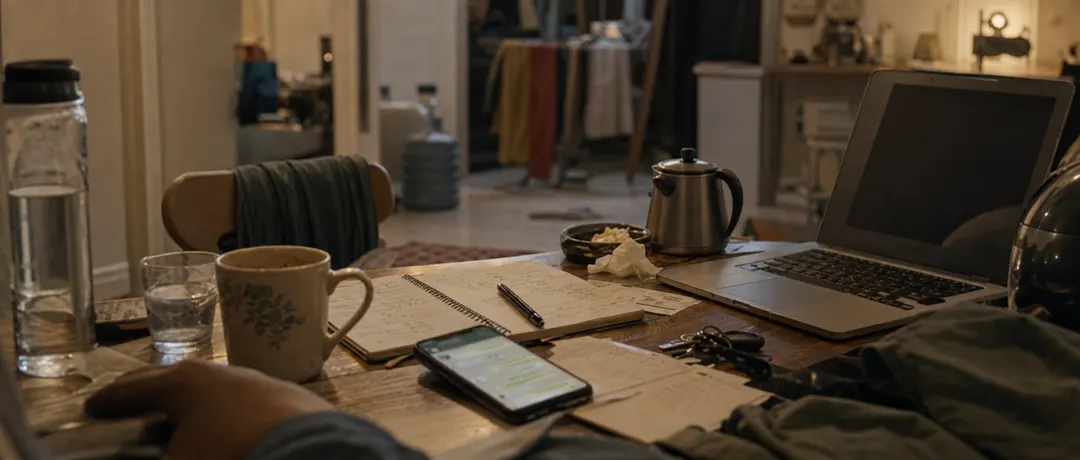 single lived-in desk scene after a socially exhausting day