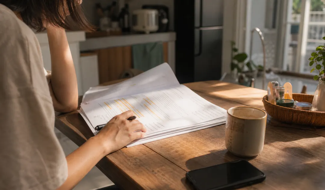 morning rereading report at a kitchen table