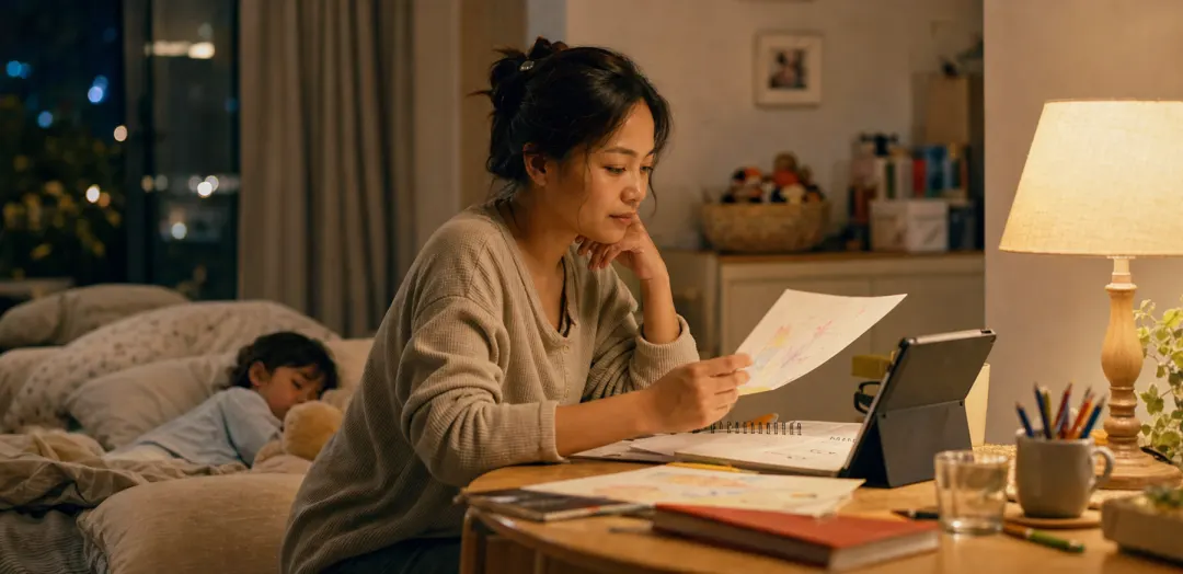 Reflective mother reviewing child drawings and notes while her child rests nearby