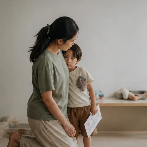 Child clinging to parent while holding a drawing