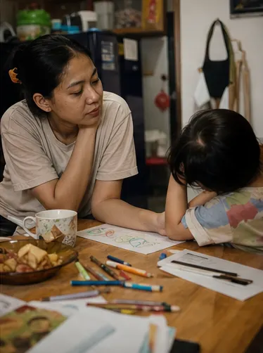 Parent trying to understand a child at a messy table with crayons