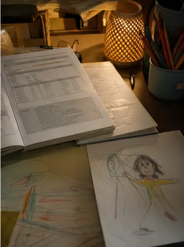 Warm desk with report pages, child drawing, and colored pencils