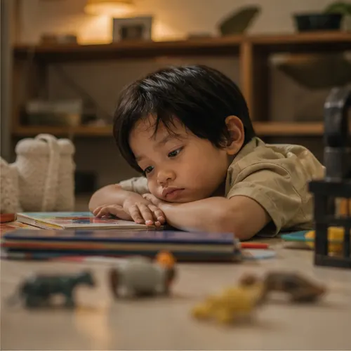 Child quietly overwhelmed near books and toys
