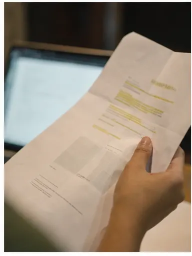 tangan memegang halaman laporan yang diberi highlight