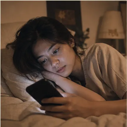 seseorang membaca ulang chat malam hari