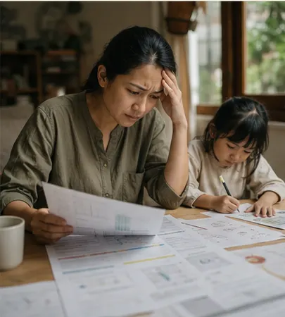 Parent looking worried over a child's full learning schedule while the child draws nearby