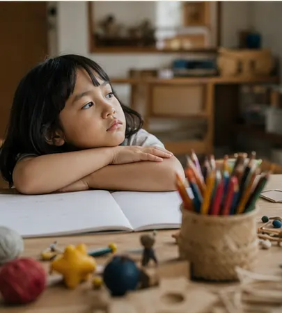 Child looking away from a worksheet while creative learning objects sit nearby