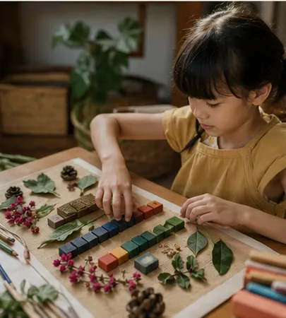 Child arranging natural objects and colored blocks into a careful pattern
