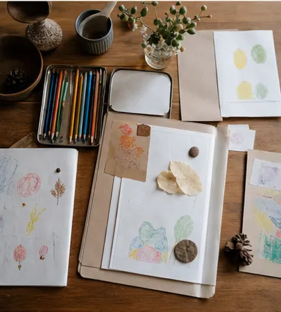 Warm tabletop archive with drawings, pencils, and child learning notes