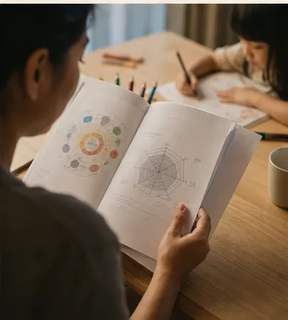 Parent reading a printed child learning report under warm light