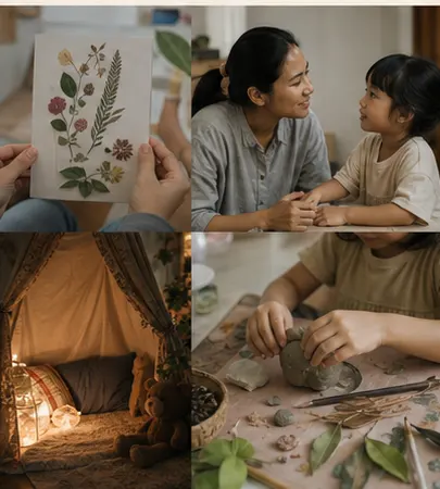 Natural home learning scene with child-friendly creative materials and parent connection