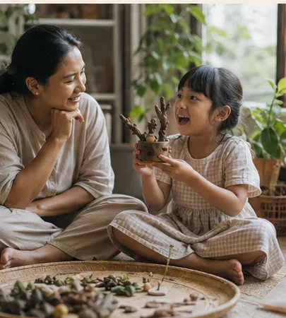 Parent listening warmly while a child explains a handmade object