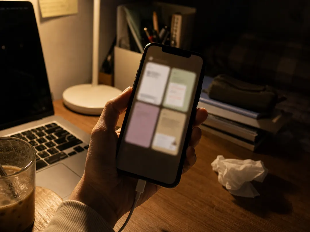 hand holding phone at messy desk