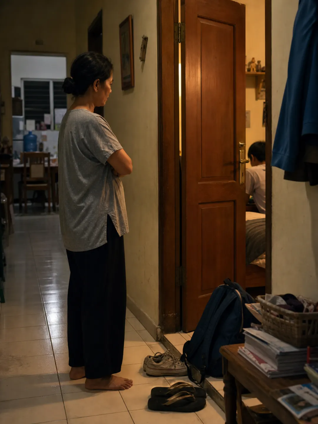 orang tua berdiri di luar pintu kamar anak di rumah Indonesia