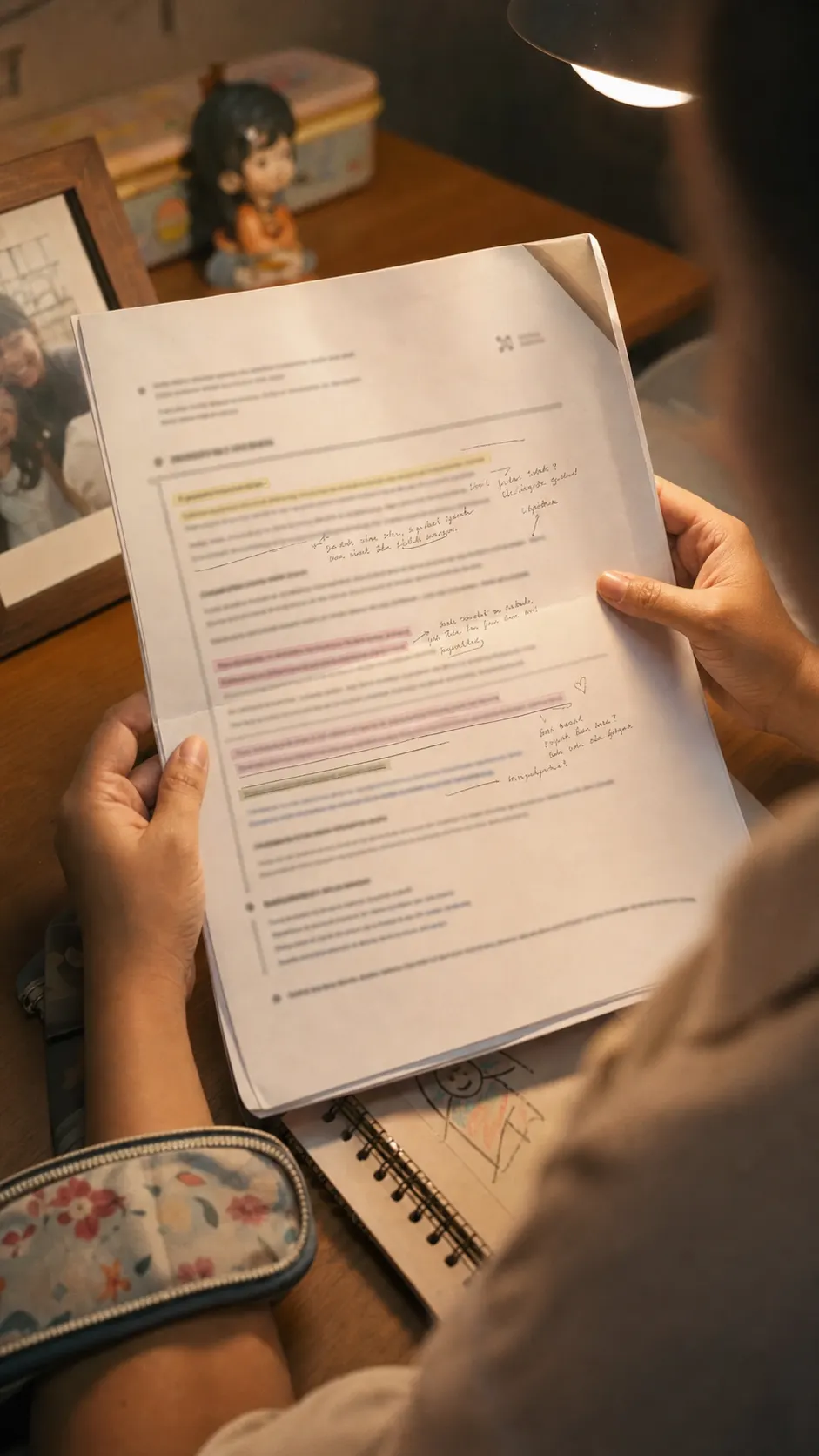 orang tua memegang cuplikan report dengan highlight dan coretan tangan