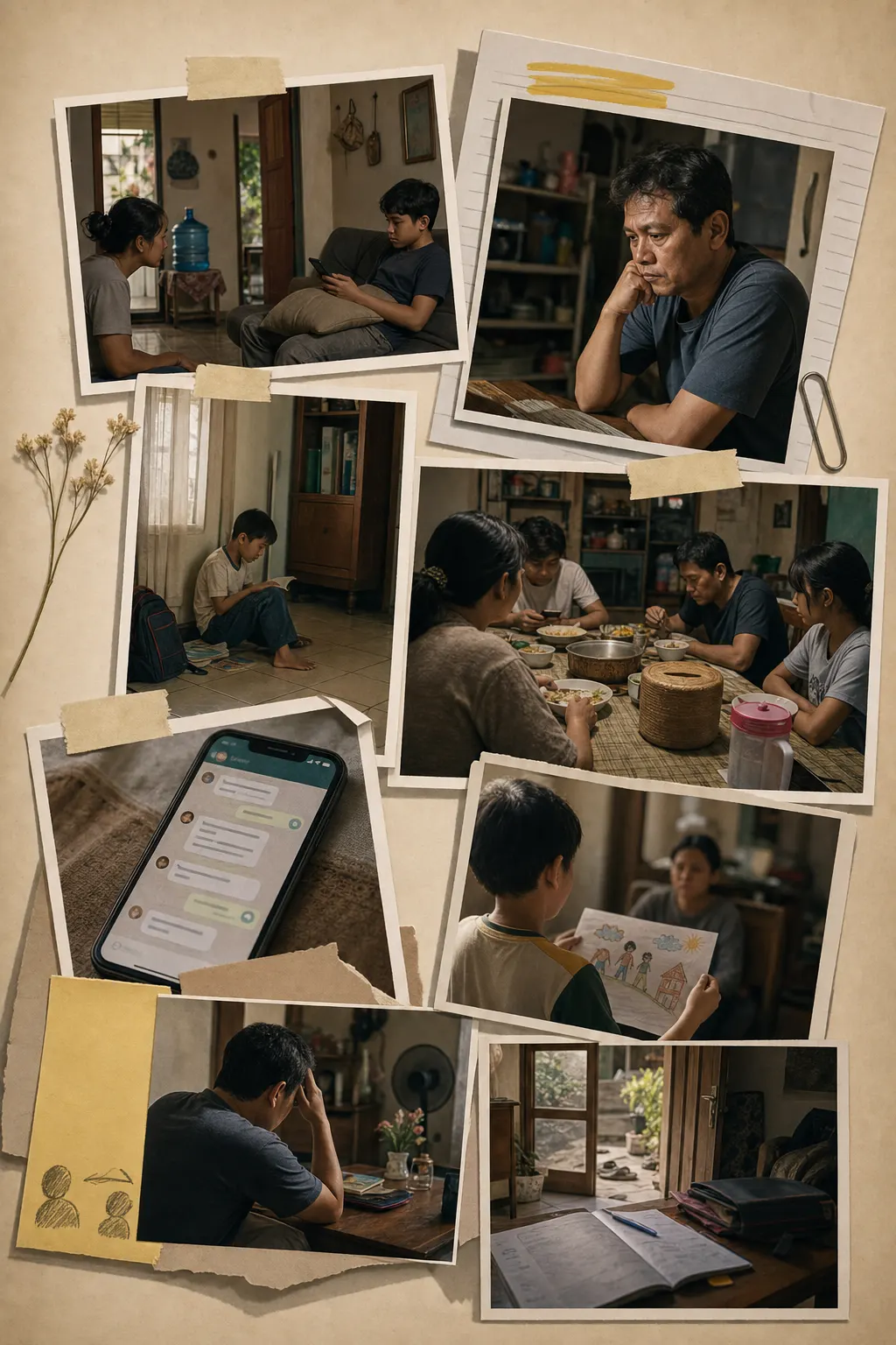 kolase perilaku relasi keluarga: chat, makan, catatan, dan jarak emosional